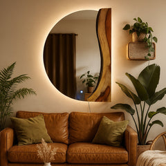 Half Circle Live Edge Wood Wall Mirror – with Lighting