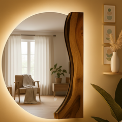 Half Circle Live Edge Wood Wall Mirror – with Lighting