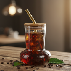 Ribbed Juice Glass With Bamboo Lid And Straw