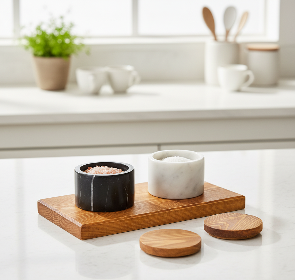 Spice Marble and wooden Set