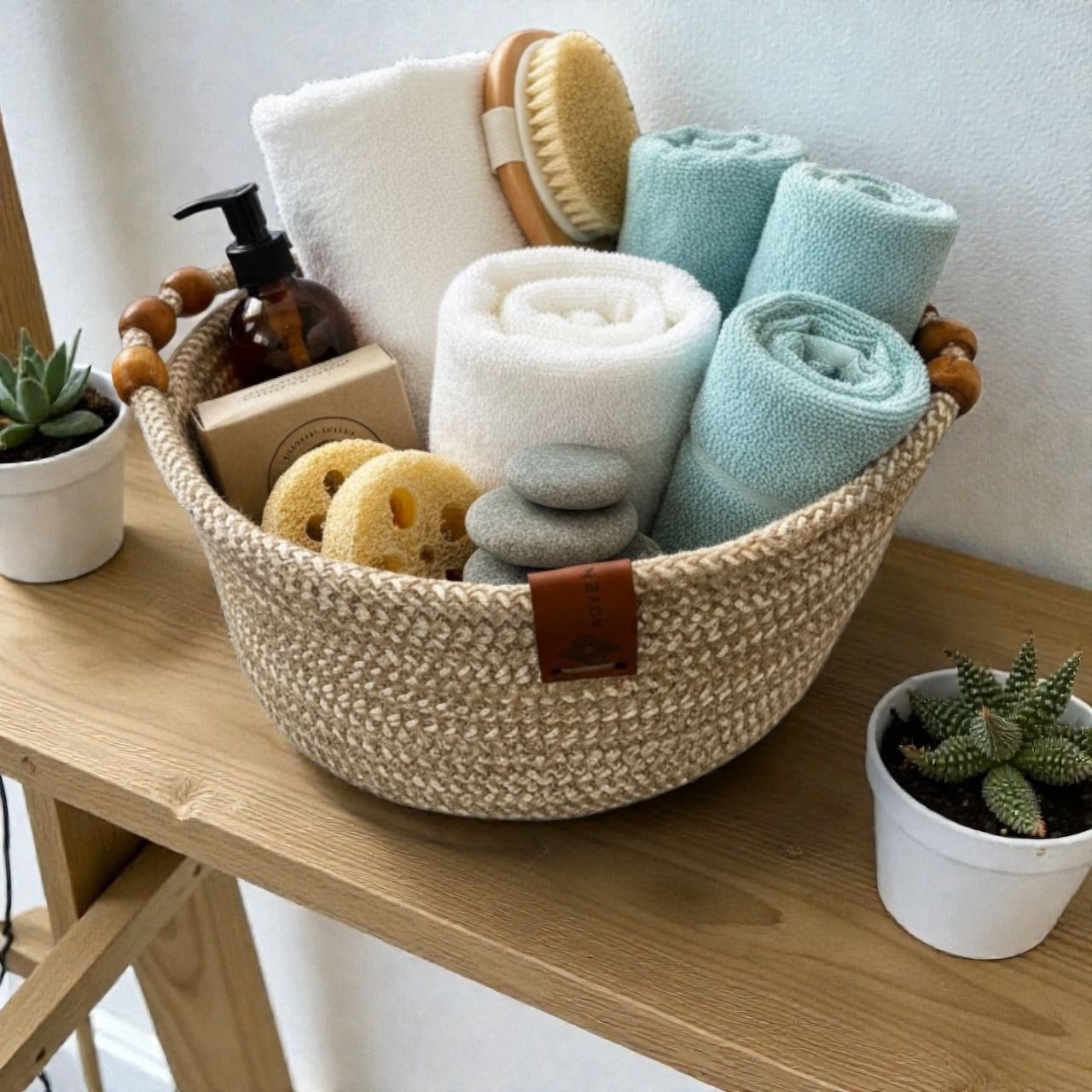 Handmade Woven Cotton Round basket with wood décor