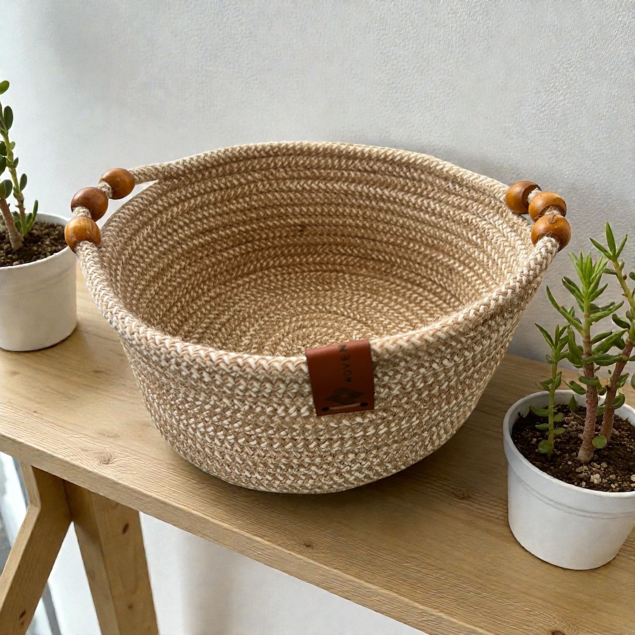 Handmade Woven Cotton Round basket with wood décor