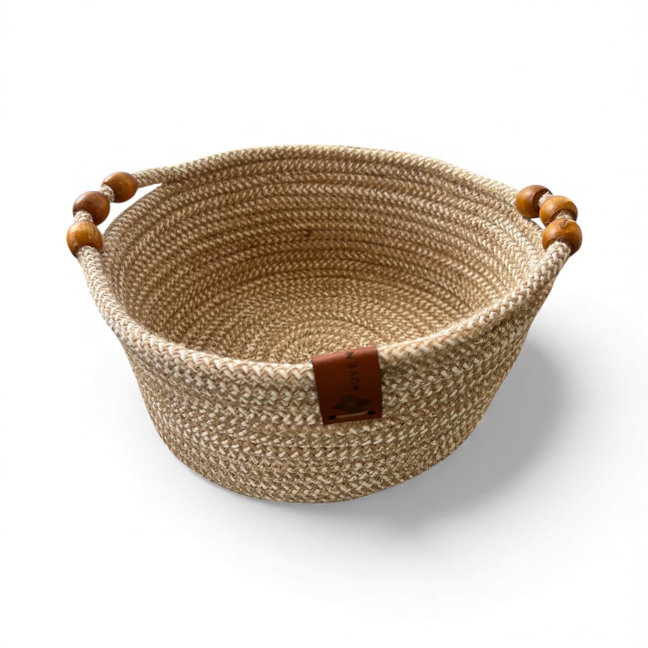 Handmade Woven Cotton Round basket with wood décor