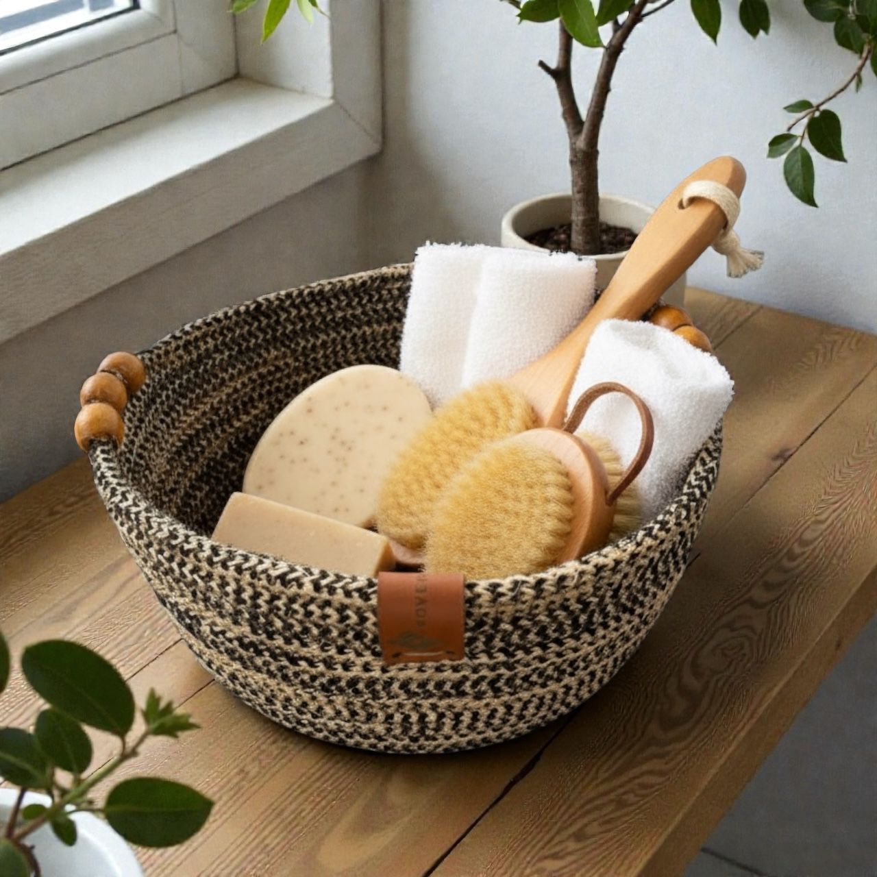 Handmade Woven Cotton Round basket with wood décor