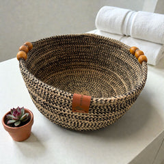 Handmade Woven Cotton Round basket with wood décor