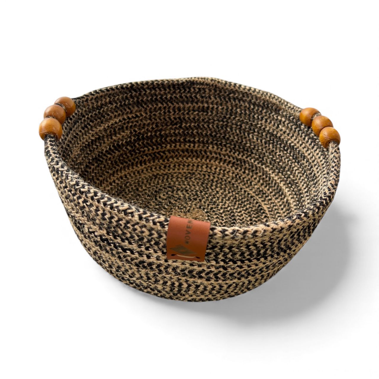 Handmade Woven Cotton Round basket with wood décor