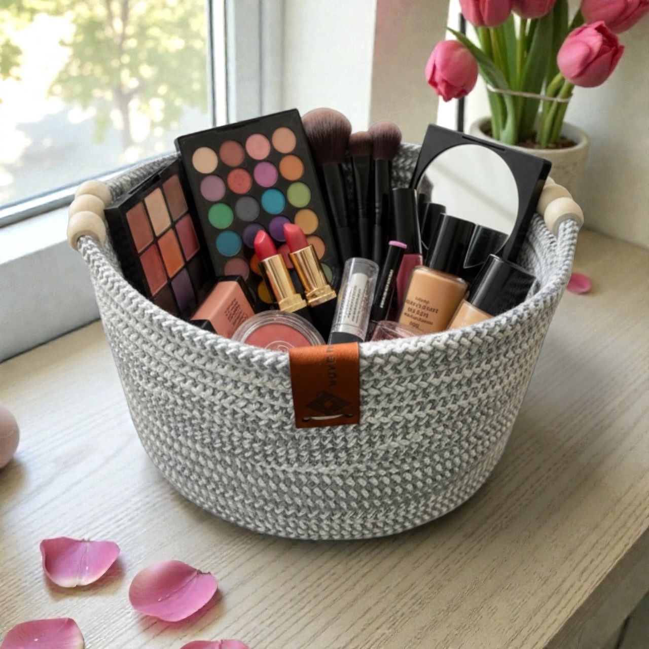 Handmade Woven Cotton Round basket with wood décor