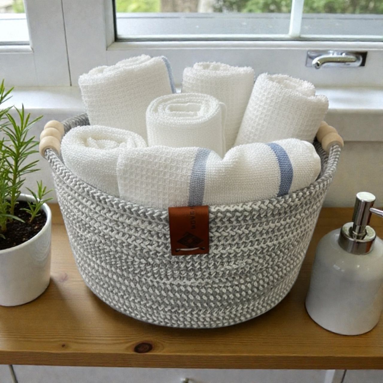 Handmade Woven Cotton Round basket with wood décor