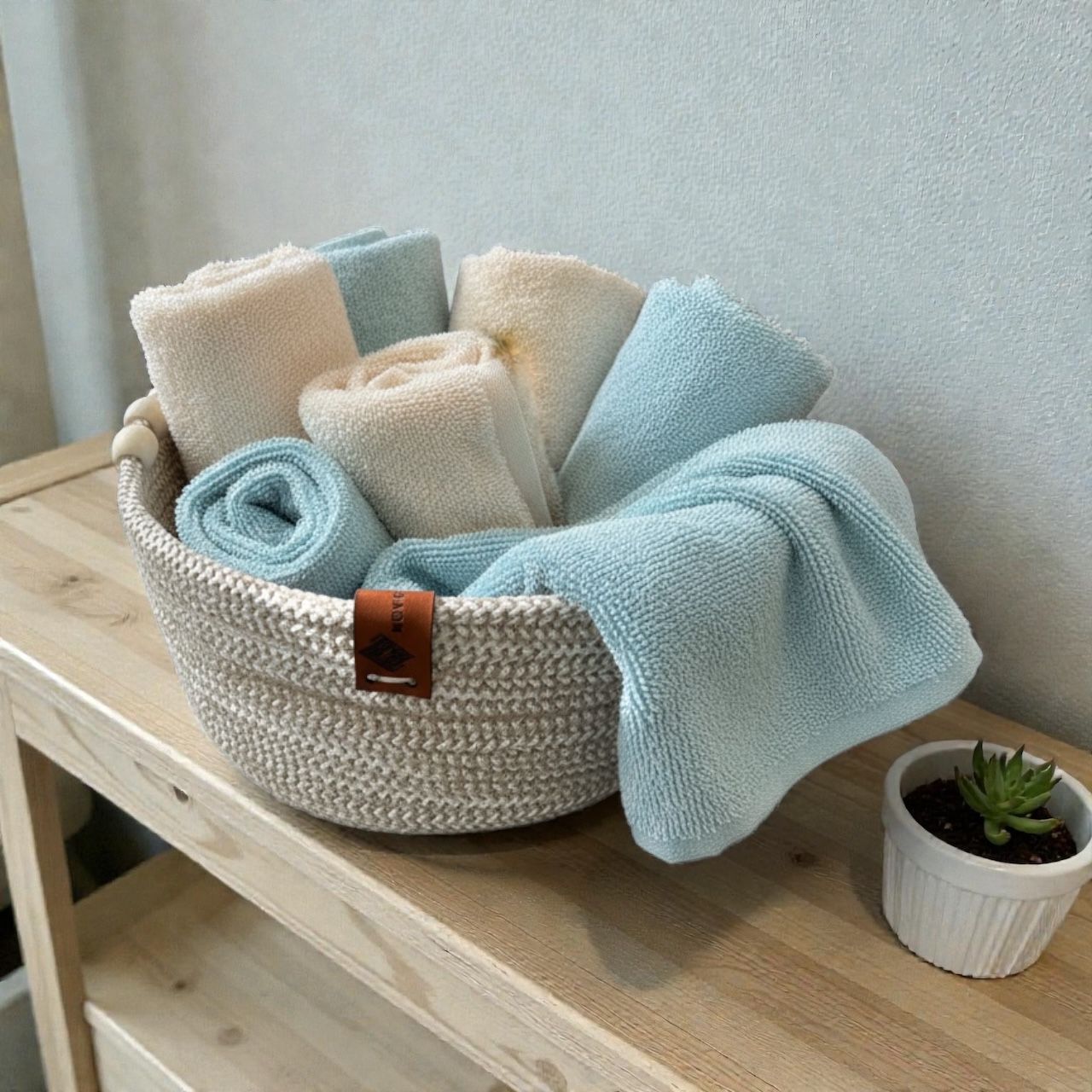 Handmade Woven Cotton Round basket with wood décor