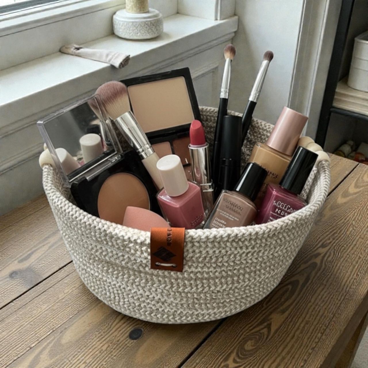 Handmade Woven Cotton Round basket with wood décor
