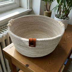 Handmade Woven Cotton Round basket with wood décor