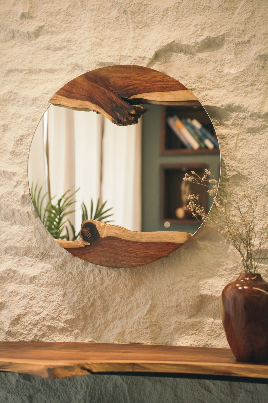 Round Live Edge Wood Wall Mirror - Two Pieces Of Live Edge Wood - With Lightning
