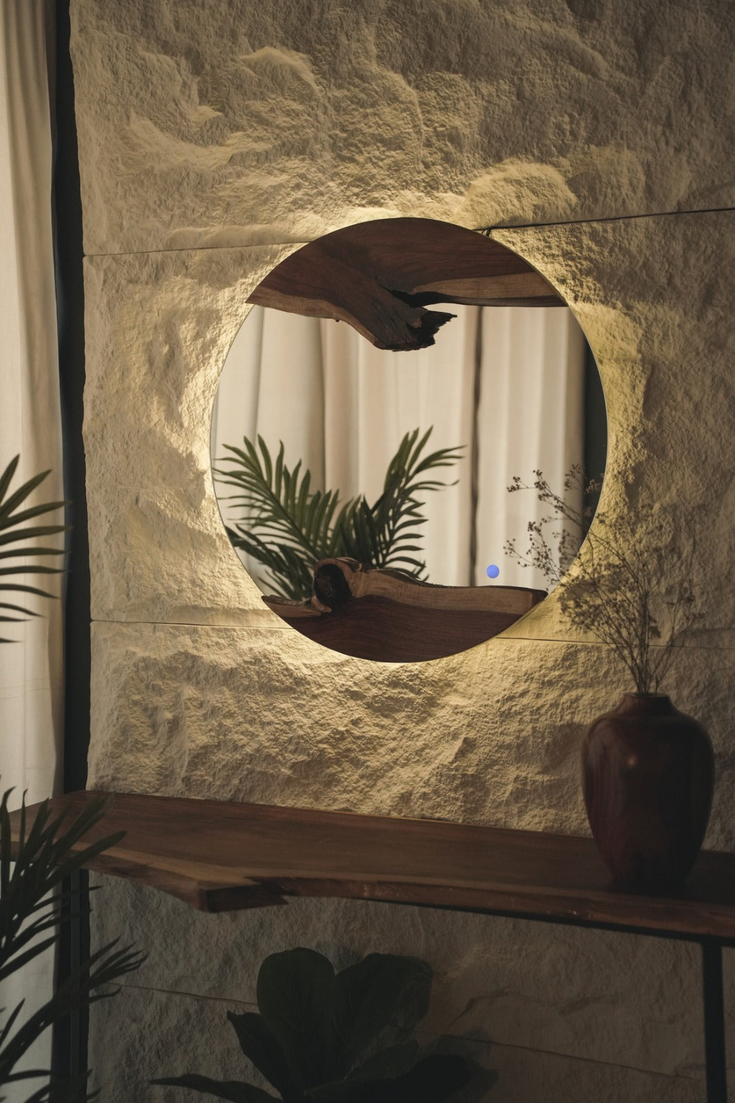 Round Live Edge Wood Wall Mirror - Two Pieces Of Live Edge Wood - With Lightning