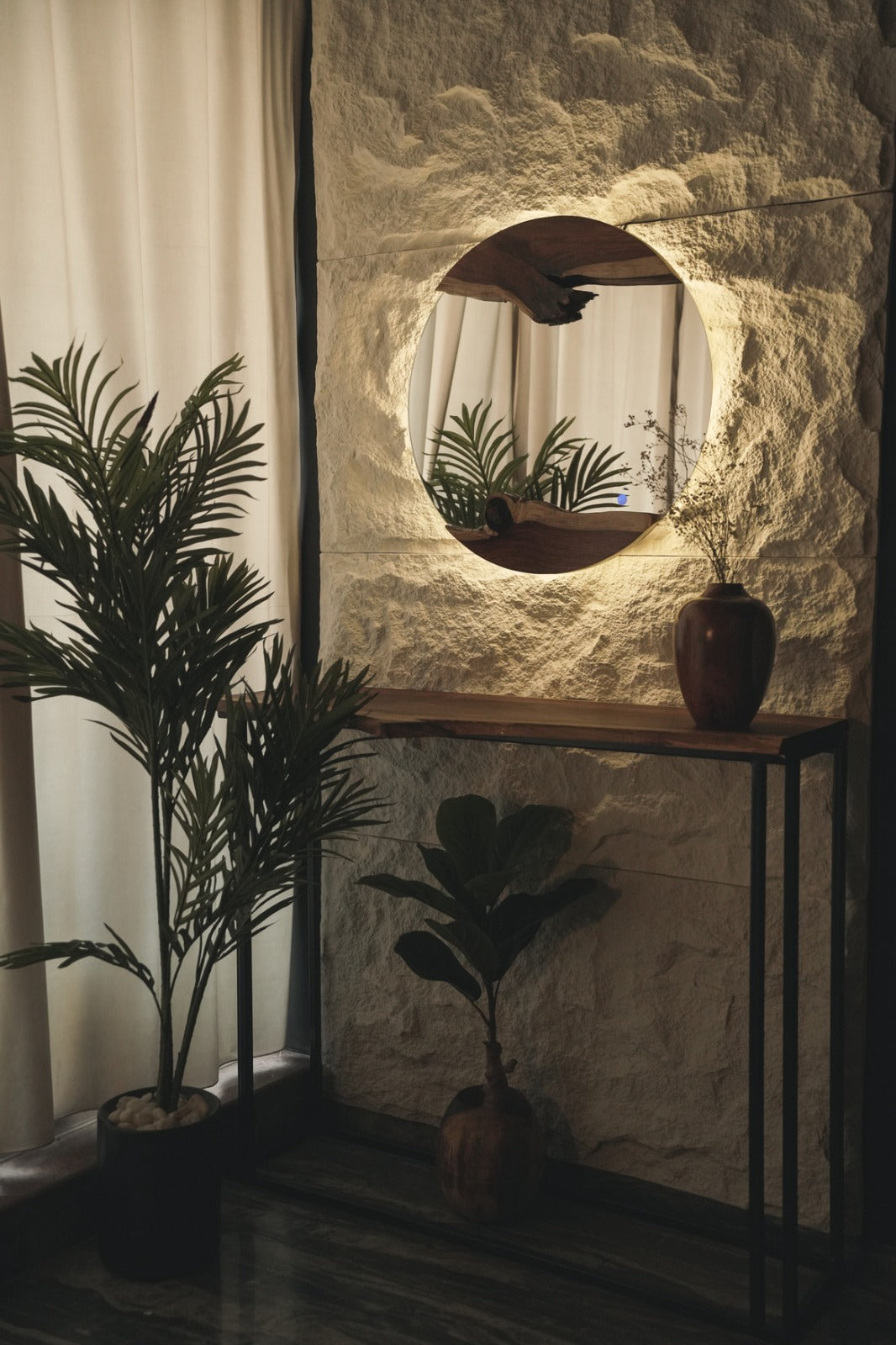 Round Live Edge Wood Wall Mirror - Two Pieces Of Live Edge Wood - With Lightning